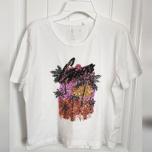 Guess White Tee with Sequin Palm Design